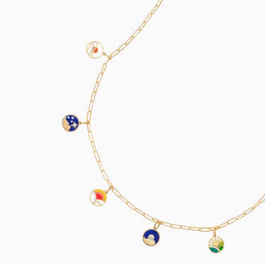 Five Skies necklace with five enamel and diamond charms in 18kt gold, worn on a paperclip chain, Randa Tabbah Little Sceneries collection