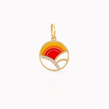 Golden Dusk pendant in 18kt gold with yellow, orange and red enamel sunset and pavé diamonds, Randa Tabbah Little Sceneries collection