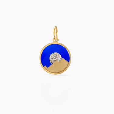 Mountain Moonrise pendant in 18kt gold with blue enamel sky, gold mountain peak and pavé diamond moon, Randa Tabbah Little Sceneries collection