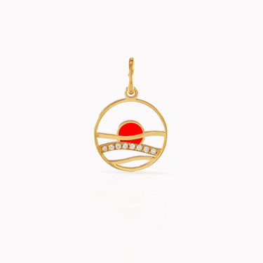 Mediterranean Sunset pendant in 18kt gold with red enamel sun and pavé diamond sea, Randa Tabbah Little Sceneries collection