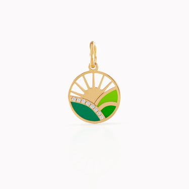 Valley Sunrise pendant in 18kt gold with green enamel hills, gold sunburst rays and pavé diamonds, Randa Tabbah Little Sceneries collection