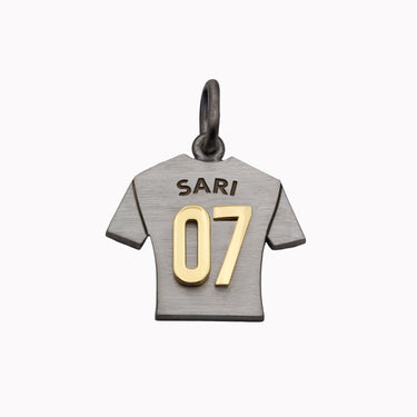 Silver jersey pendant for kids engraved SARI with a gold number 07, Randa Tabbah Fine Jewelry