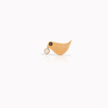 Bird Sitting Stud Earrings Black and White Diamonds, left side view, 18k gold black and white diamonds