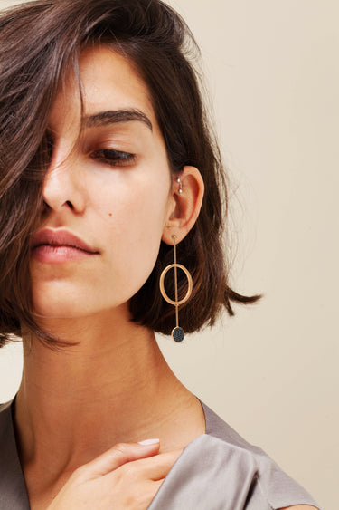 Rotating Geometric Earrings with Black Diamonds, 18kt rose gold, black diamonds, Randa Tabbah GEOmetry collection, Lebanese fine jewelry