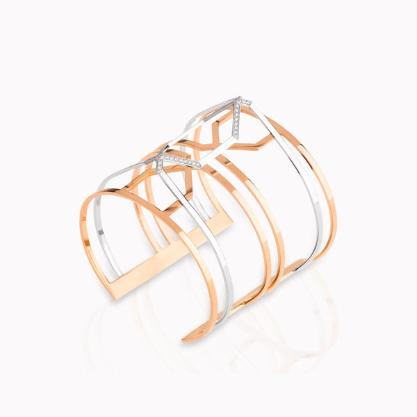 Geometric Bangle in Two Colors with Diamonds, 18kt rose and white gold, diamonds, Randa Tabbah GEOmetry collection jewelry, Lebanese fine jewelry