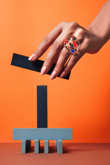 Gaudi Ring with Black Diamonds & Enamel