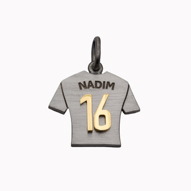 Silver jersey pendant for kids engraved NADIM with a gold number 16, Randa Tabbah Fine Jewelry